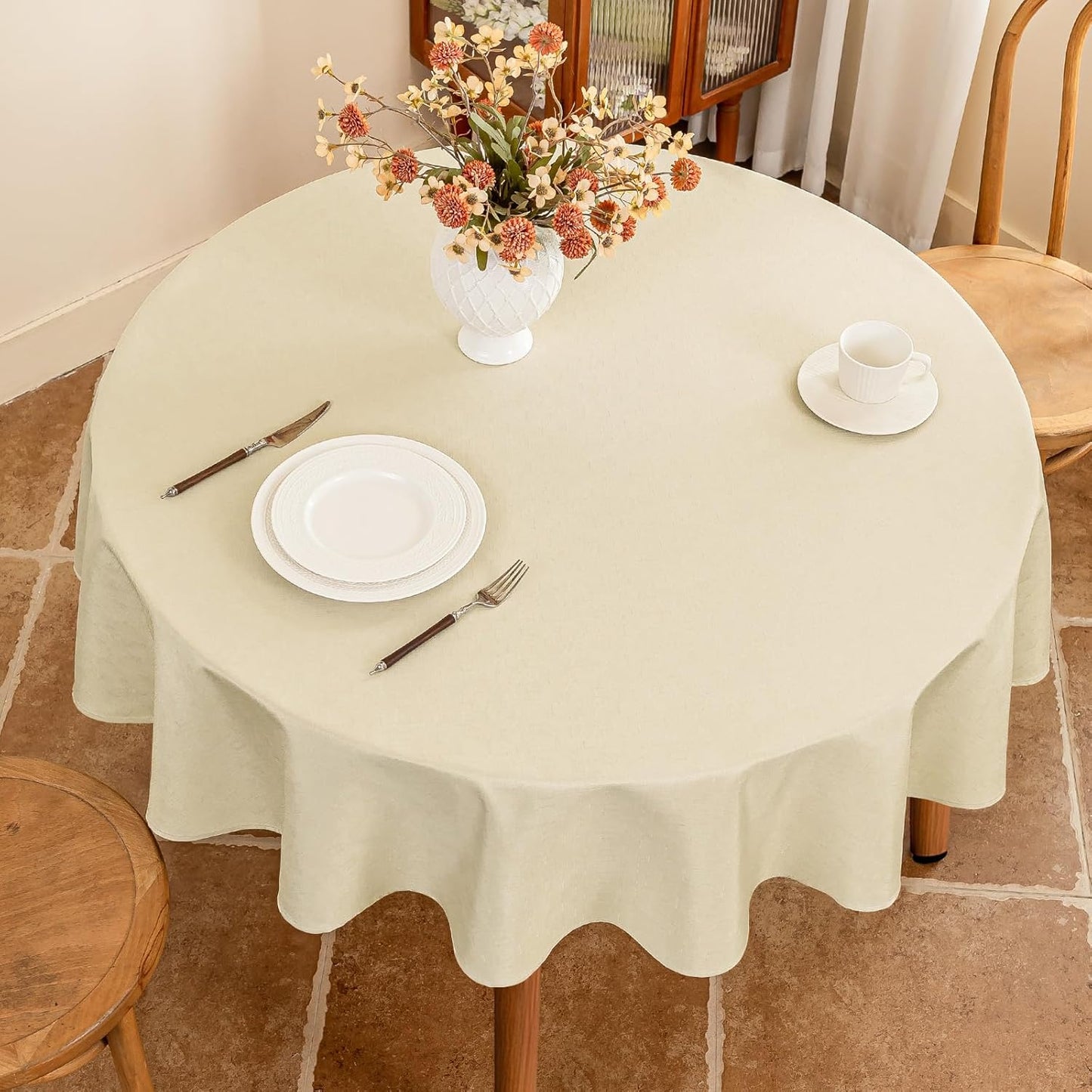 Fabric 60 Inch Round Table Cloth, Faux Linen Textured Water Resistant & Wipeable Circle Tablecloth, Anti-Scratch for Dinning Kitchen Party, Beige
