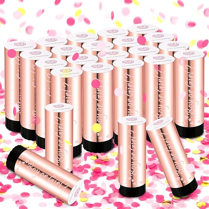 Seenelling 24 Pack Gender Reveal Confetti Cannon Boy or Girl Mini Gender Reveal Poppers Confetti Cannon with Stickers for Baby Shower Party Supplies (Pink)