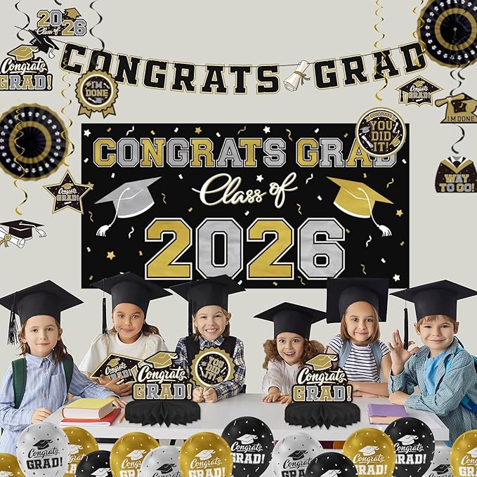 Black and Gold Themed 2026 Graduation Decorations Set - Congrats Grad Banner, Class of 2026 Backdrop, Balloons & Streamers Kit - Graduation Party Supplies for High School & College Celebrations