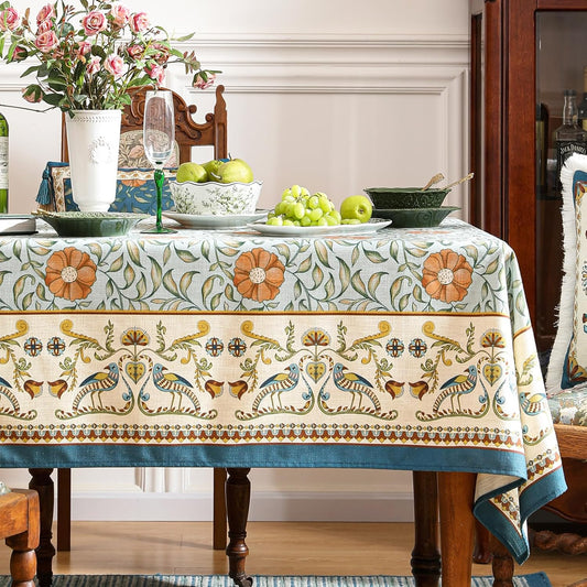 patdrea Designer French Linen Blue Tablecloth for Rectangle Table,Vintage Floral Table Cloth,Colorful Decoration Fall Cover Kitchen Dining for Thanksgiving,Tea Party,Christmas,63"x110"-Wensel