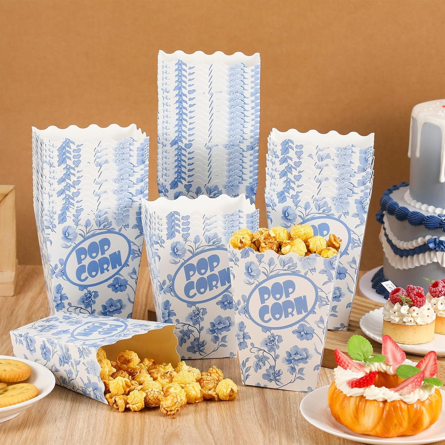 Marspark 50 Pack Blue Floral Party Popcorn Boxes - Chinoiserie Flowers Vintage Paper Popcorn Boxes Individual Servings for Christmas, Birthday, Movie Night, Carnivals