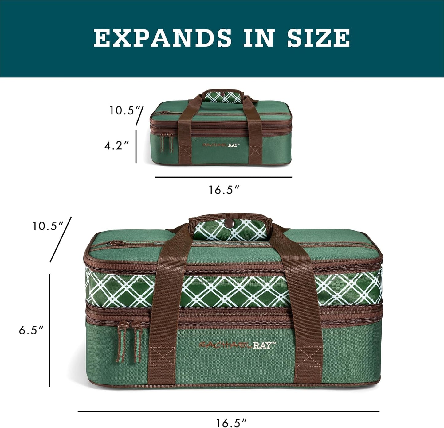 Rachael Ray Expandable Insulated Casserole Carrier for Hot or Cold Food, Thermal Lasagna Lugger Tote for Potluck, Parties, Picnic, and Cookouts, Fits 9" x 13" Baking Dish