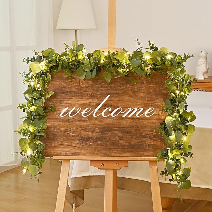 Dolicer 2 Packs 6FT Artificial Eucalyptus Garland with LED Light String, Faux Greenery Garland Hanging Fake Silver Dollar Eucalyptus Leaves Vines for Wedding Backdrop Arch Table Wall Party Home Decor