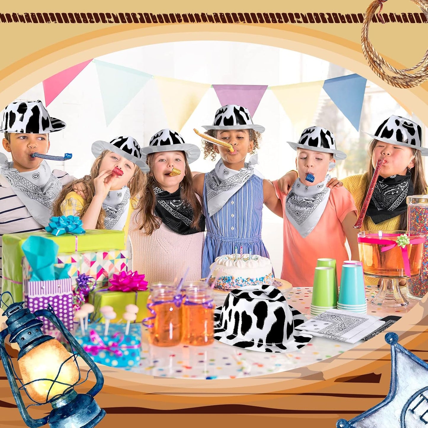 Haysandy 24 Pcs Cow Print Cowgirl Cowboy Hats Bulk with Bandana Felt Cow Party Hats for Women Men Western Costume Party (Black)
