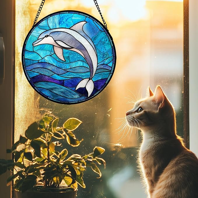 Stained Glass Suncatcher, Blue Ocean Dolphin Sun Catcher Marine Life Stain Glass Indoor Window Hanging Decoration Mother's Day Birthday Gifts for Women Men Mom and Nana 11.8 in