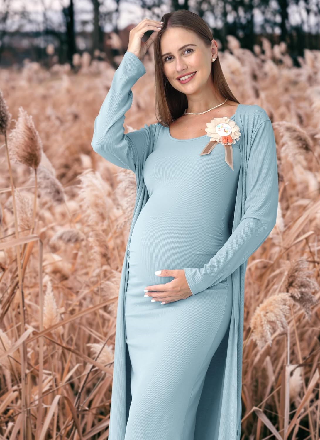 Rnxrbb 2 PCS Fall Winter Maternity Dress Cardigan Set Long Bodycon Maxi Formal Dresses Boho Baby Shower for Women