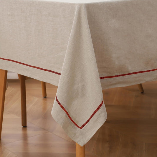 Linen World Hemstitch Linen Tablecloth,100% Natural French Flax,60x90Inch Handcrafted Natural-Rust Linen Table Cloth,Tabletop,Table Cloths for Kitchen,Dining,Daily Use