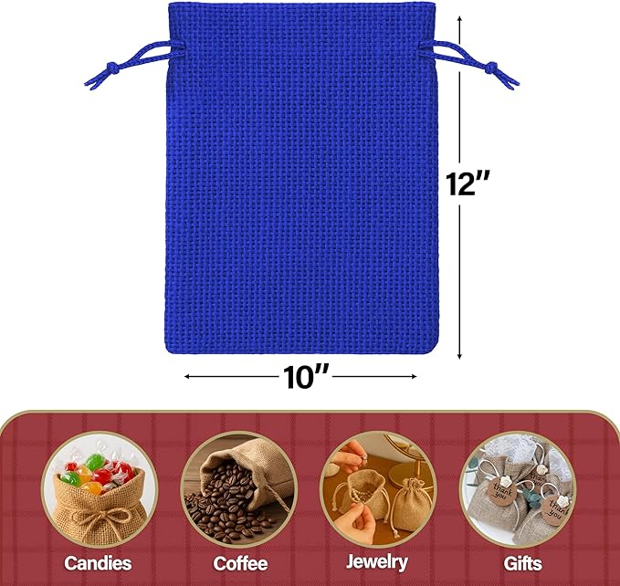 Mandala Crafts 10X12 Inch Royal Blue Burlap Drawstring Gift Bags for Favors - 20 Large Linen Sacks Gift Pouches for Candy, Coffee, Jewelry, Wedding, and Party Supplies