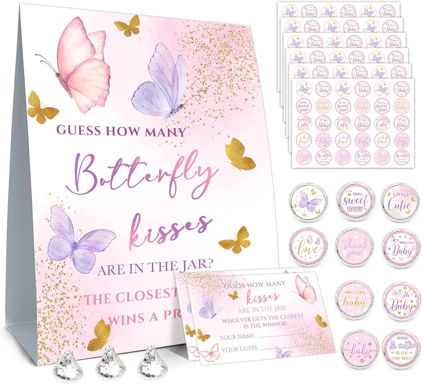 How Many Butterfly Kisses Baby Shower Game Set - Standing Sign, 50 Guessing Cards, 180 Stickers