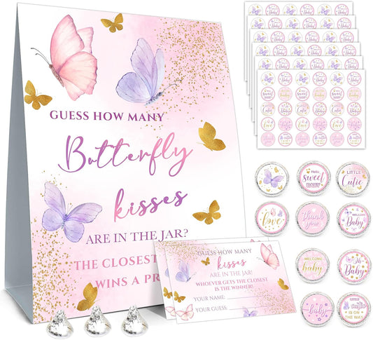 How Many Butterfly Kisses Baby Shower Game Set - Standing Sign, 50 Guessing Cards, 180 Stickers