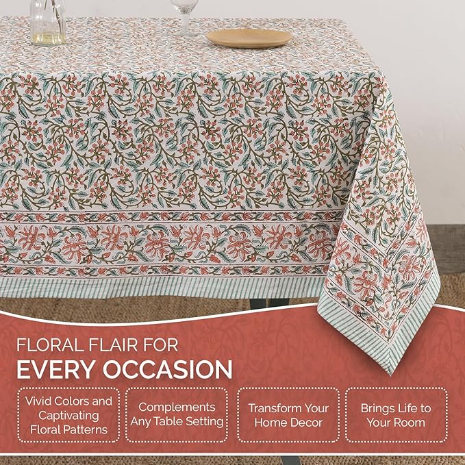 Labhanshi Indian Handblock Print Floral 100% Cotton Canvas Rectangle Table Cloth|72x108 Inch 8-Seater Rustic Farmhouse Decorative Table Cover|Spring Easter Festive Holiday Decor|Berry Pink