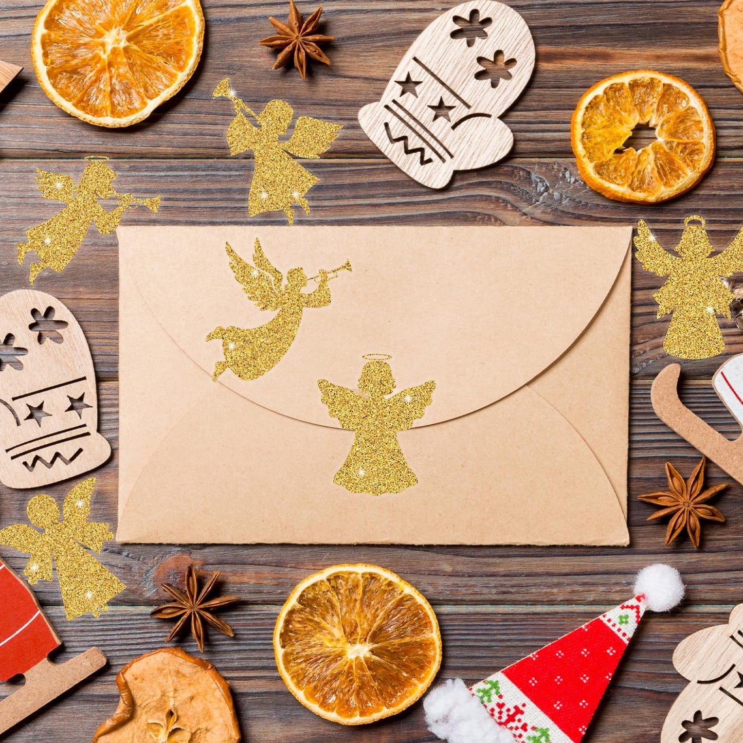 Gold Angel Christmas Stickers - 2 Rolls 16 Gold Foil Angel Designs Waterproof Holiday Decorations for Gift Wrapping, Scrapbook, Kids Crafts, Party Favors, Glass Windows & Laptop Decor