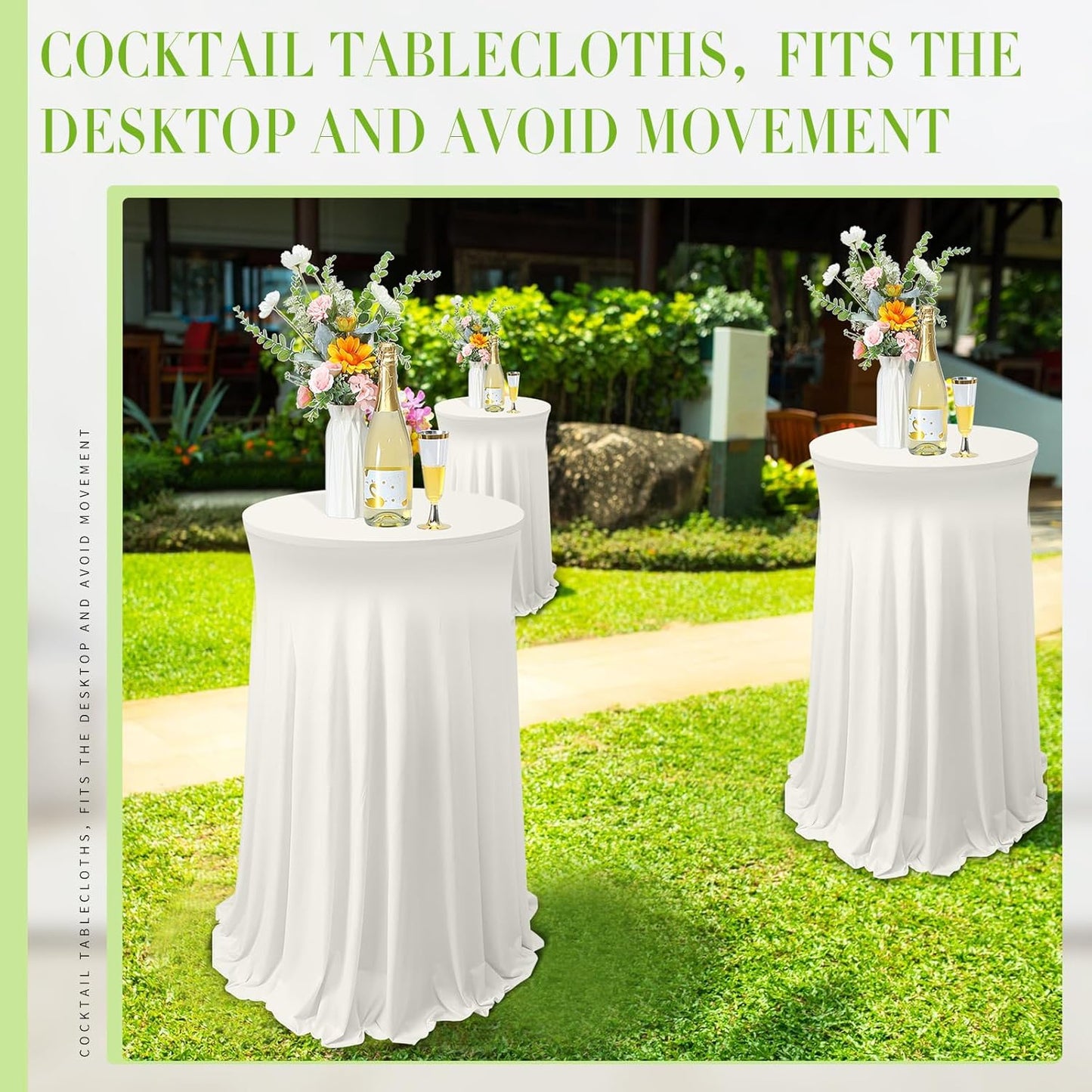 Tegeme 1 Pack 32 x 43 Inch Round Spandex Cocktail Tablecloths with Skirt Cocktail Round Table Cover Spandex Stretch Tablecloth for Fitted High Top Table Bar Wedding Party Banquet (Ivory)