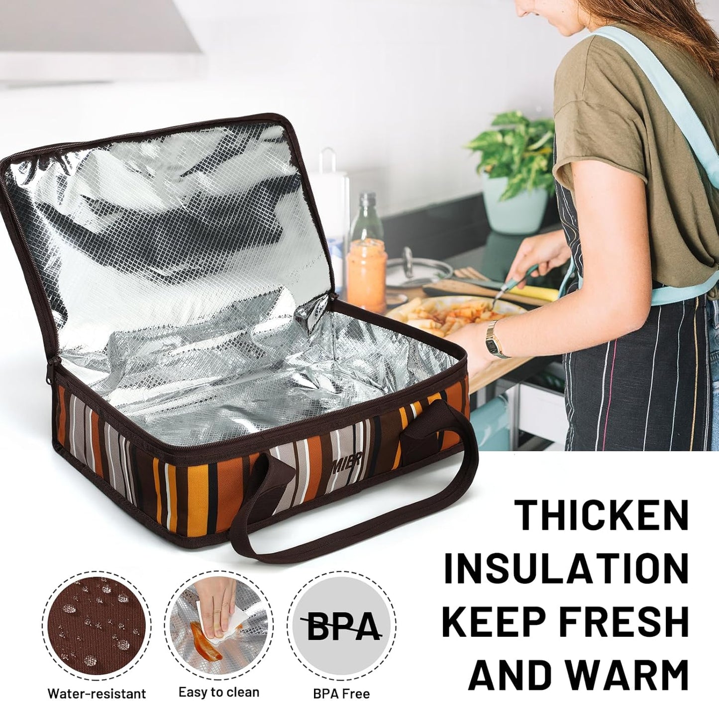 MIER Insulated Casserole Carrier for Hot or Cold Food Thermal Food Carrier Bag for Lasagna Potluck Parties Picnic Cookouts, Fits 9"x13" Baking Dish/Foil Pan, Brown