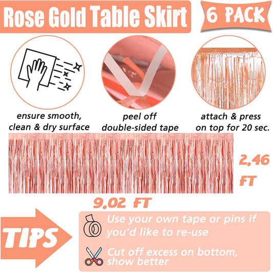 6 Pack 29x108 Inch Rose Gold Metallic Foil Fringe Table Skirts Banner for Tinsel Streamer Garland Curtains Backdrop for Parade Floats Wedding Baby Shower Birthday Christmas Halloween Party Decoration