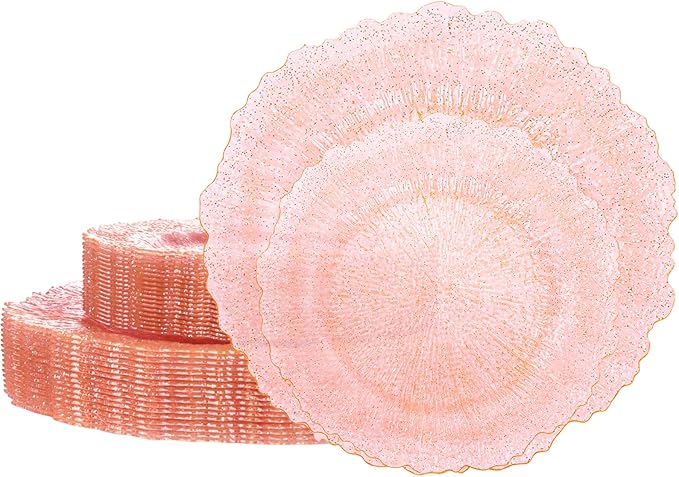 U-QE 60PCS Pink Plates for Party - Pink Plastic Plates Disposable Heavy Duty - Clear Pink Plastic Plates for Mother's Day Including 30 Plastic Dinner Plates 10" & 30 Plastic Dessert Plates 7"