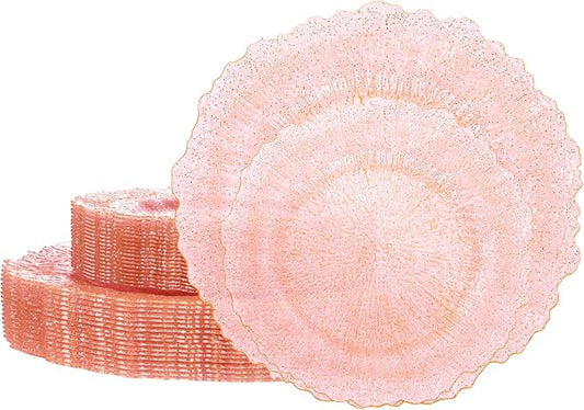U-QE 60PCS Pink Plates for Party - Pink Plastic Plates Disposable Heavy Duty - Clear Pink Plastic Plates for Mother's Day Including 30 Plastic Dinner Plates 10" & 30 Plastic Dessert Plates 7"