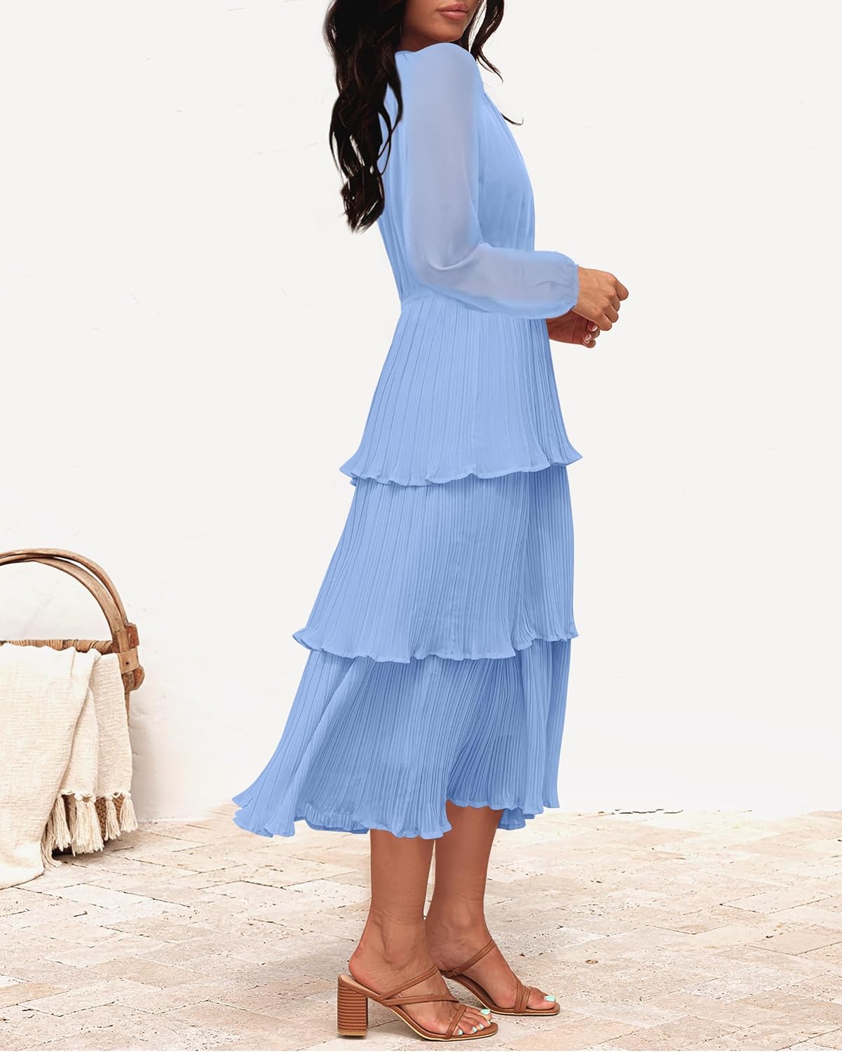 ZESICA Women's 2025 Long Sleeve Crew Neck Ruffle Tiered Layered Chiffon Flowy Swing Long Midi Dress