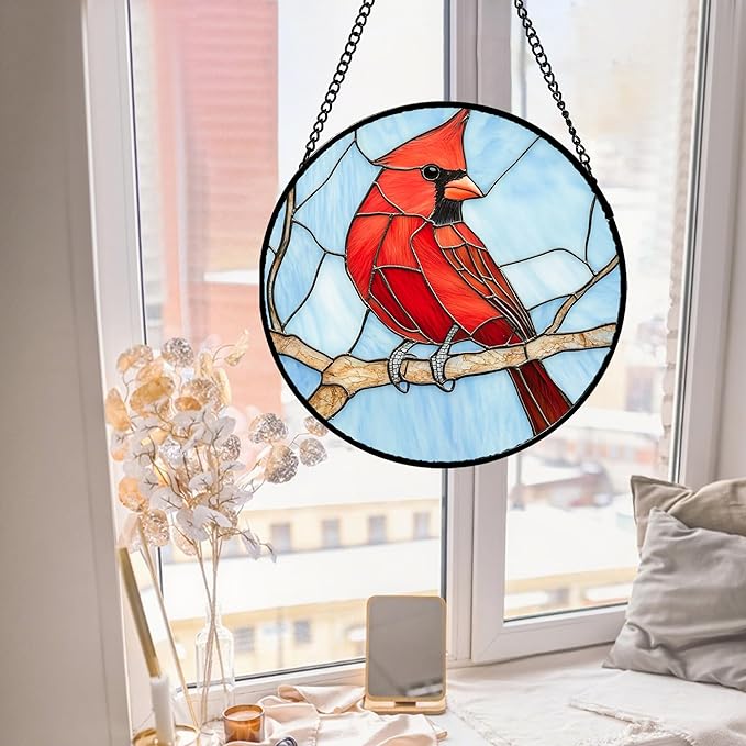 Stained Glass Window Hanging Cardinal Birds Large 11.8" - Suncatcher Door Garden Sun Catcher Home Decor Christmas Birthday for Bird Lovers Woman Her Nana Wife Men Mom