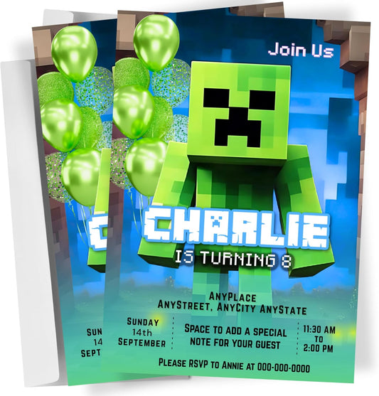 Fully Customizable minecraft Birthday Party Invitations, 4 x 6 inches, with Self-Sealing Envelopes, Gaming Theme Design, minecraft Birthday Invitations for Boys and Girls (Minecraft/CreeperBlue)