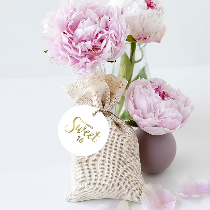 Andaz Press Personalized Round Circle Birthday Gift Tags, Metallic Gold Ink, Sweet 16 Birthday, 24-Pack, Custom Made Name, Not Gold Foil