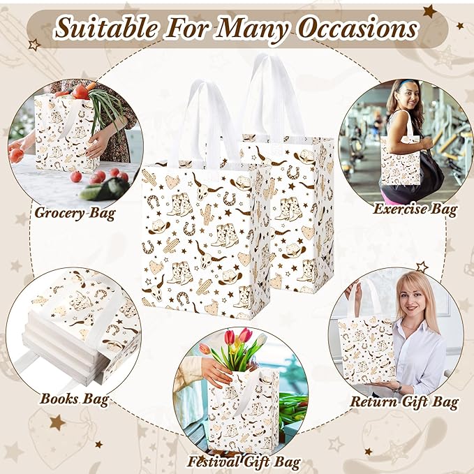 Supervitae 24 Pack Brown Cowboy Gift Bags Medium Western Cowboy Theme Party Decoration Supplies Reusable Non Woven Totes for Rodeo Birthday Themed Supplies Favor(9.8" x 7.9" x 3.9")