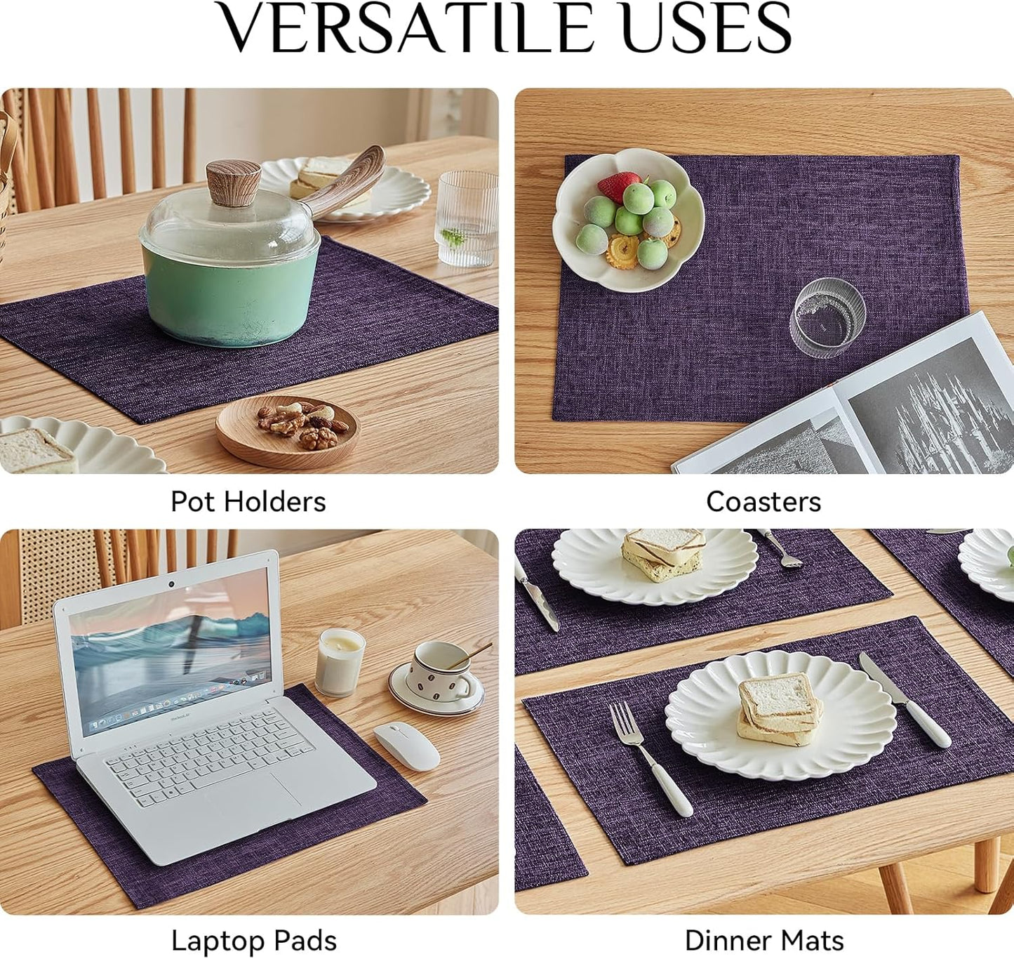 Softalker Faux Linen Placemats Set of 4-12 x 18 Inch, Heat Resistant Double Layered Durable Burlap Farmhouse Place Mats, Non-Slip Washable Rustic Table Mats for Dining, Kitchen, Party（Purple
