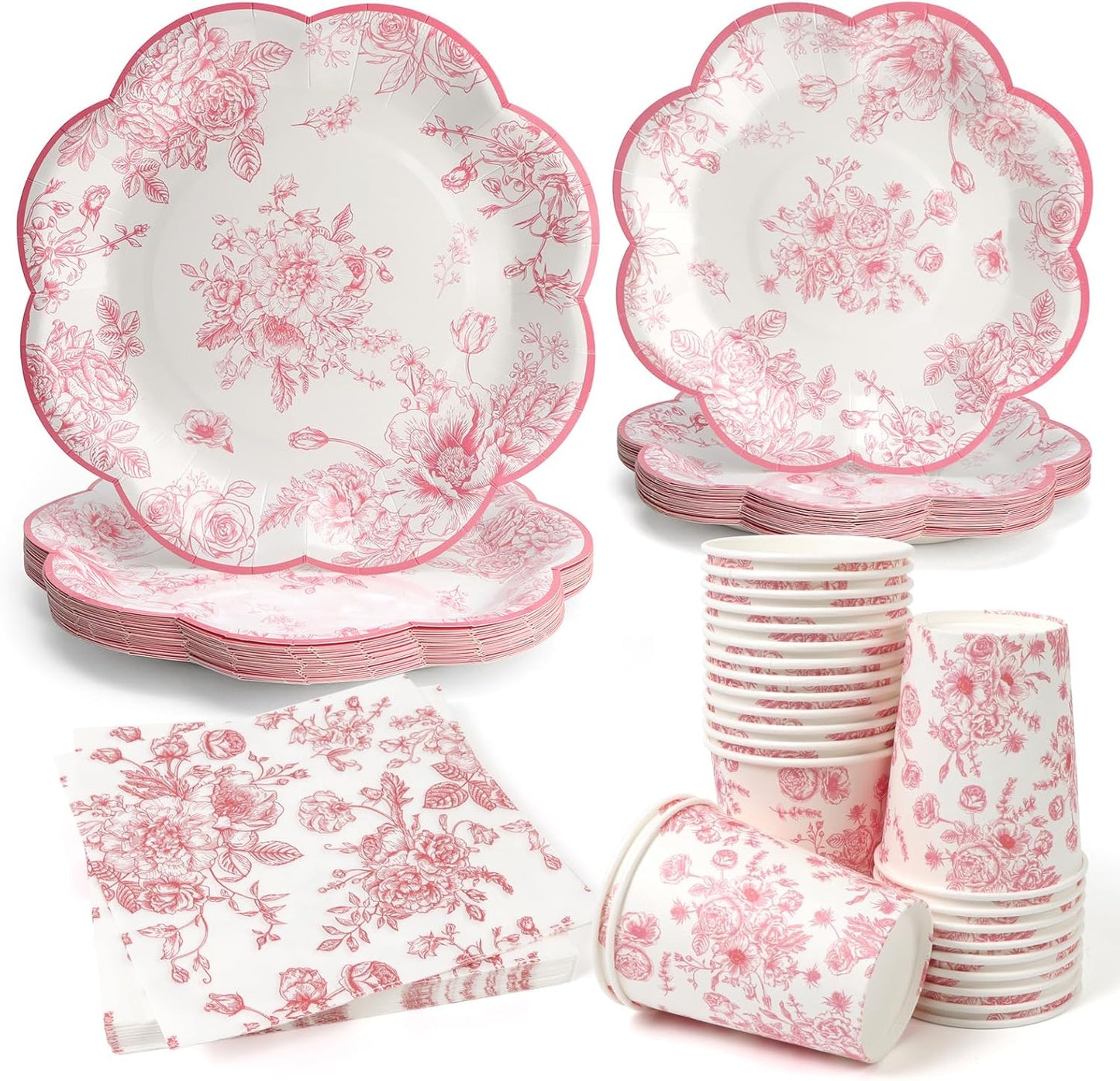 96pcs Party Plates Pink Flower Disposable Tableware Set 7"&9" Paper Plates, Cups and Napkins for 24 Guests Party Table Supplies for Tea Party Baby Shower Brial Shower Birthday Wedding