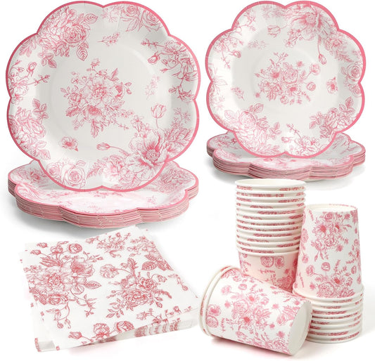 96pcs Party Plates Pink Flower Disposable Tableware Set 7"&9" Paper Plates, Cups and Napkins for 24 Guests Party Table Supplies for Tea Party Baby Shower Brial Shower Birthday Wedding