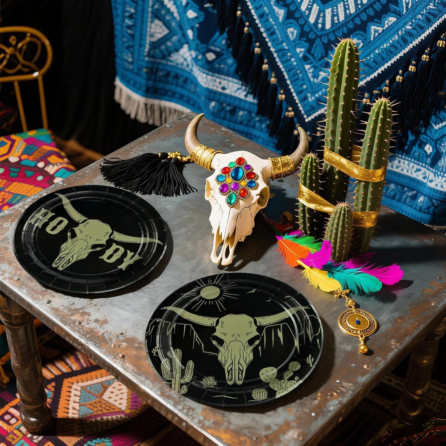 Grencian 50Pcs Cow Skull Decorations 9in Heavy Duty Disposable Western HOWDY Cow Skull Desert Paper Plates For Southwestern Party Supplies