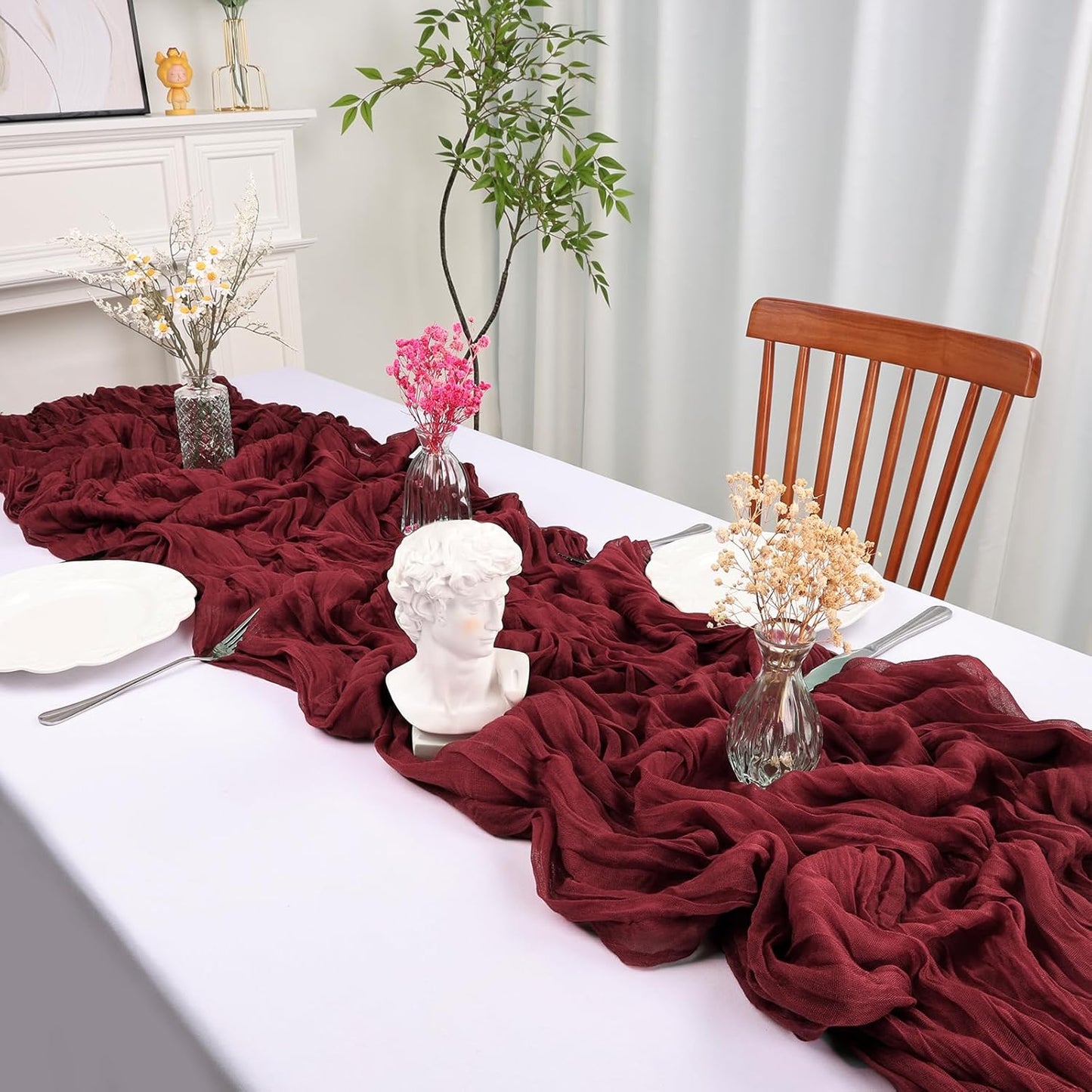 12 Pack 10FT Burgundy Christmas Cheesecloth Table Runner Table Runner 35x120 Inch Gauze Rustic Boho Cheese Cloth for Thanksgiving Wedding Decor Birthday Party Baby Shower Centerpiece Decoration