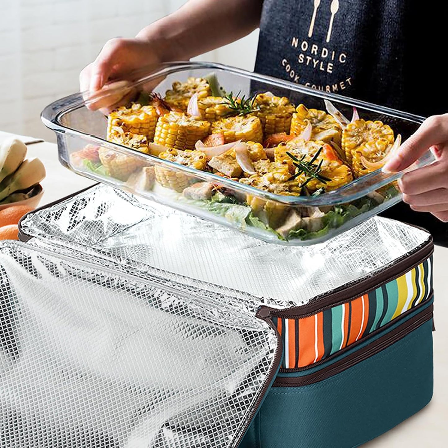 MIER Insulated Double Casserole Carrier Bag for Lasagna Lugger, Potluck Parties, Picnic, Beach, Fits 9 x 13 Inches Baking Dish, Casserole Dish, Expandable by Mid Zipper, Peacock Blue