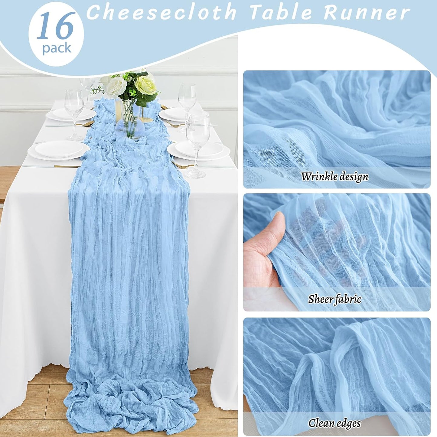 16Pack Light Blue Table Runner 10FT Cheesecloth Table Runner 35x120Inch Long Boho Gauze Cheese Cloth Table Runners Rustic Sheer Table Runners for Wedding Baby Shower Bridal Shower Decor