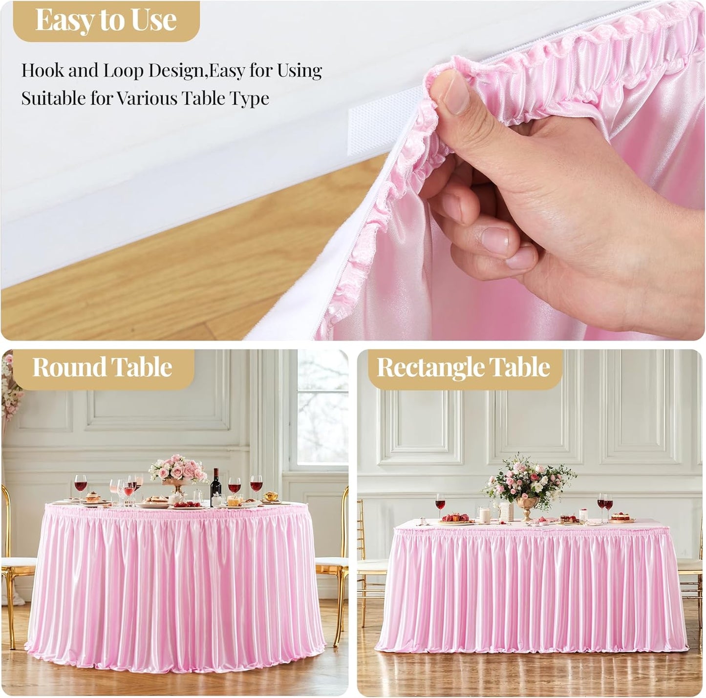 Wish Care 17ft Long Pink Satin Table Skirt for Rectangle Tables Wrinkle Free Glitter Desk Skirts Pleated Ruffle Table Cloth for Wedding Princess Girls Birthday Baby Shower Party Cake Table Decorations