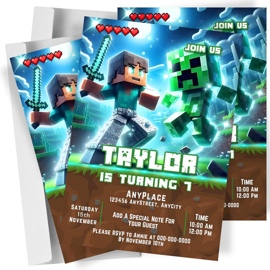 Fully Customizable minecraft Birthday Party Invitations, 4 x 6 inches, with Self-Sealing Envelopes, Gaming Theme Design, minecraft Birthday Invitations for Boys and Girls (Minecraft/Diamond)
