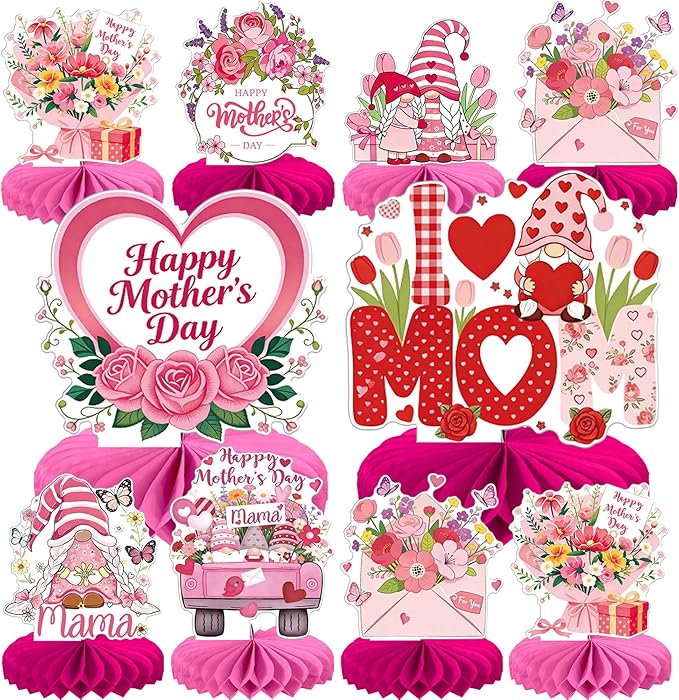 8 PCS Happy Mother's Day Decorations Happy Mother's Day Honeycomb Centerpieces Heart Floral Best Mom Table Centerpiece Love Mom Table Decorations for Mama Women Birthday Party Centerpieces Supplies