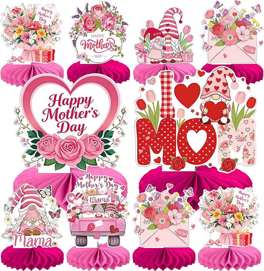 8 PCS Happy Mother's Day Decorations Happy Mother's Day Honeycomb Centerpieces Heart Floral Best Mom Table Centerpiece Love Mom Table Decorations for Mama Women Birthday Party Centerpieces Supplies