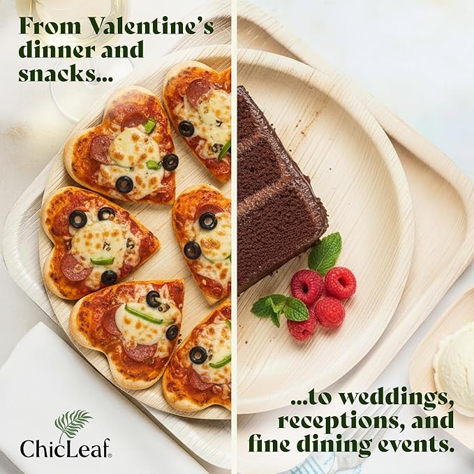 Chic Leaf Palm Leaf Disposable Bamboo Plates – Square, Biodegradable & Compostable Party Plates for Weddings, Parties & Events, Romantic Table for Valentine's Day Dinner (10", 20 Pack)