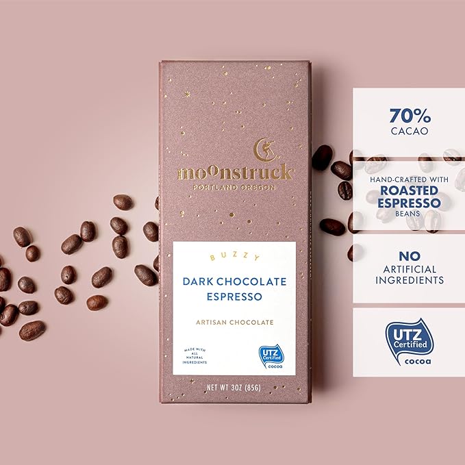 Moonstruck Chocolate Dark Chocolate Espresso Bean Bar, 68% Cacao, 3.0oz (Pack of 4)