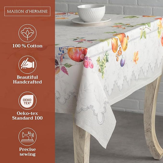 Maison d' Hermine Table Cloth Rectangle Table 100% Cotton 60 x 120 Inches Fall Tablecloth Reusable Everyday Use for Thanksgiving Christmas Decorations Dining Farmhouse Party (Fruit D'Hiver)