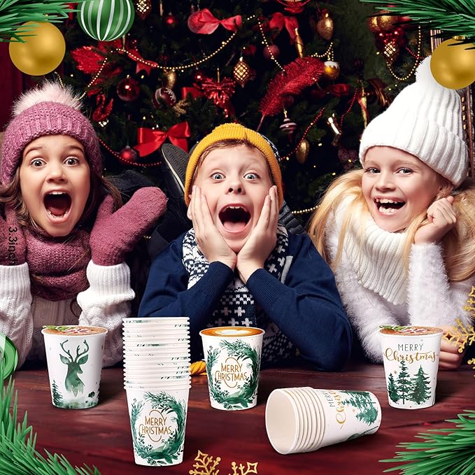 Funtery 100 Pieces Christmas Paper Disposable Cups Forest Landscape Design 9 Ounce Drinking Tea Christmas Paper Coffee Cups for Xmas Daily Use Holiday Party