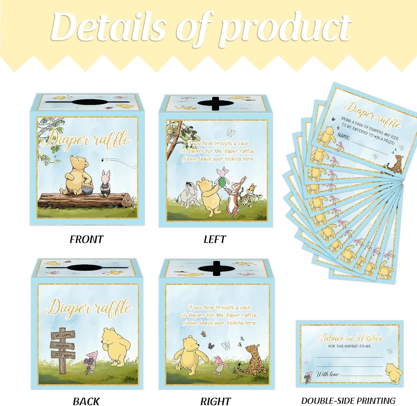 Winnie Baby Shower Decorations-50PCS Winnie Baby Shower Games Cards-Pooh Party Decorations-Baby Shower Diaper Raffle Box-blue