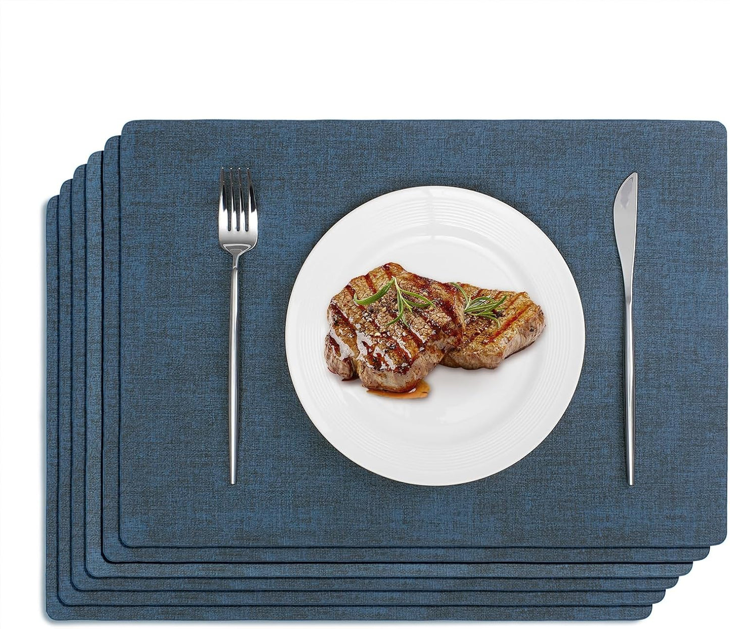 Softalker Vinyl Placemats Set of 6 - Faux Leather Heat Resistant Place Mats, 100% Waterproof Oilproof Wipe Clean Table Mats for Indoor & Outdoor Use, 17’’×12’’, Navy Blue