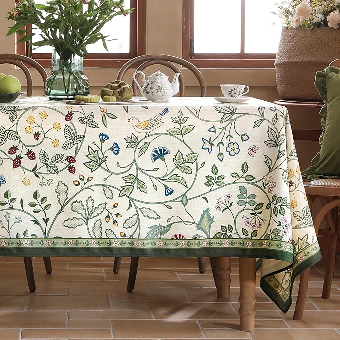 Linen Table Cloth Rectangle,Wrinkle Resistant French White and Green Tablecloth Print with Froal,Decor Stitch Table Cloth for Thanksgiving,Dining Room,Home,55" × 79"-Idaho A