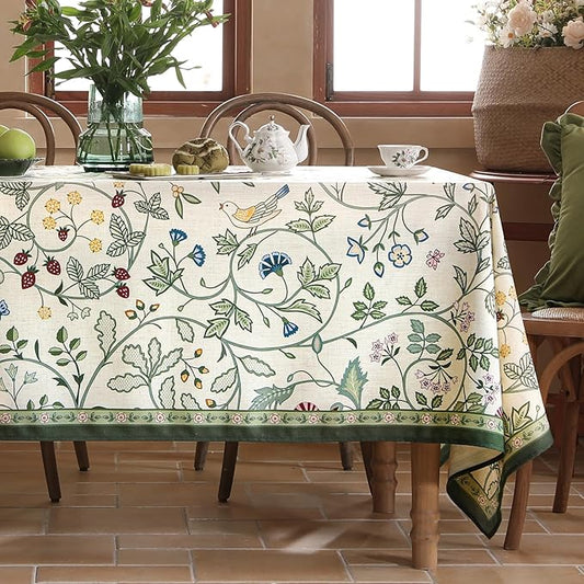 Linen Table Cloth Rectangle,Wrinkle Resistant French White and Green Tablecloth Print with Froal,Decor Stitch Table Cloth for Thanksgiving,Dining Room,Home,55" × 79"-Idaho A