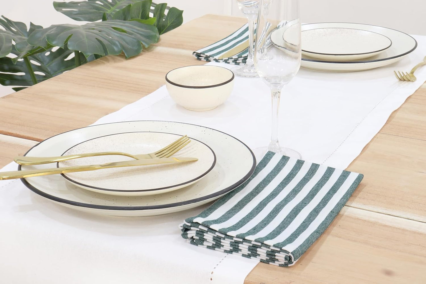 PurpleEssences Plain Striped Cloth Napkins - Set of 12-100% Cotton - 18 x 18 Inch - Fall Thanksgiving - Perfect Everyday Use Dinner Napkin - Forest Green and White