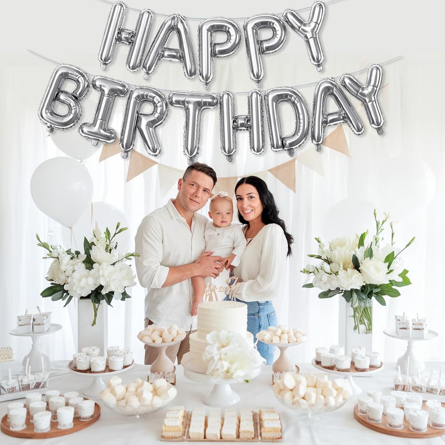 Silver Happy Birthday Banner - 16 Inch Mylar Foil Letters Balloons with Ribbon, Self Inflating Bunting Balloons Banner for Women Men Birthday Party Decorations