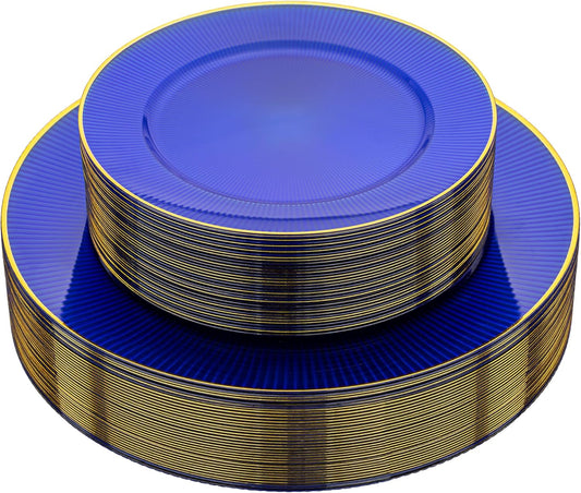Hioasis 60pcs Blue Plastic Plates - Blue Gold Disposable Dinnerware Set, 30pcs Dinner 10.25in & 30pcs Dessert 7.5in Plates with Striped Designs for Party & Wedding