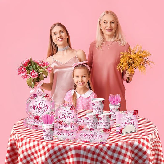 Happy Mother’s Day Party Supplies-144Psc Floral Day Plates and Napkins Cups for 24 Guests,Watercolor Flowers Design for Mothers Day Dinner Party Decorations,Family Brunch Tableware