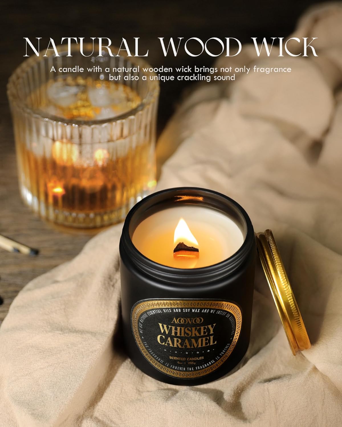 AOOVOO Scented Candles for Men - Premium Whiskey Caramel Candle for Home Scented | Crackling Wood Wick Soy Candles | Strong Fragranced Masculine Black Jar Candle Gift for Women & Men, AO-LZY0157